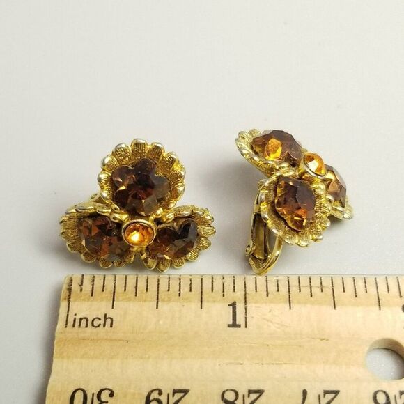 Vintage Dark Orange Rhinestone and Gold Tone Clip On Earrings, Retro Unsigned - Picture 5 of 7